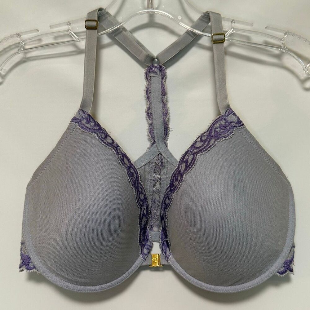 B6 Natori FEATHERS FRONT CLOSE T-BACK BRA size 32D 735023 purple gray
